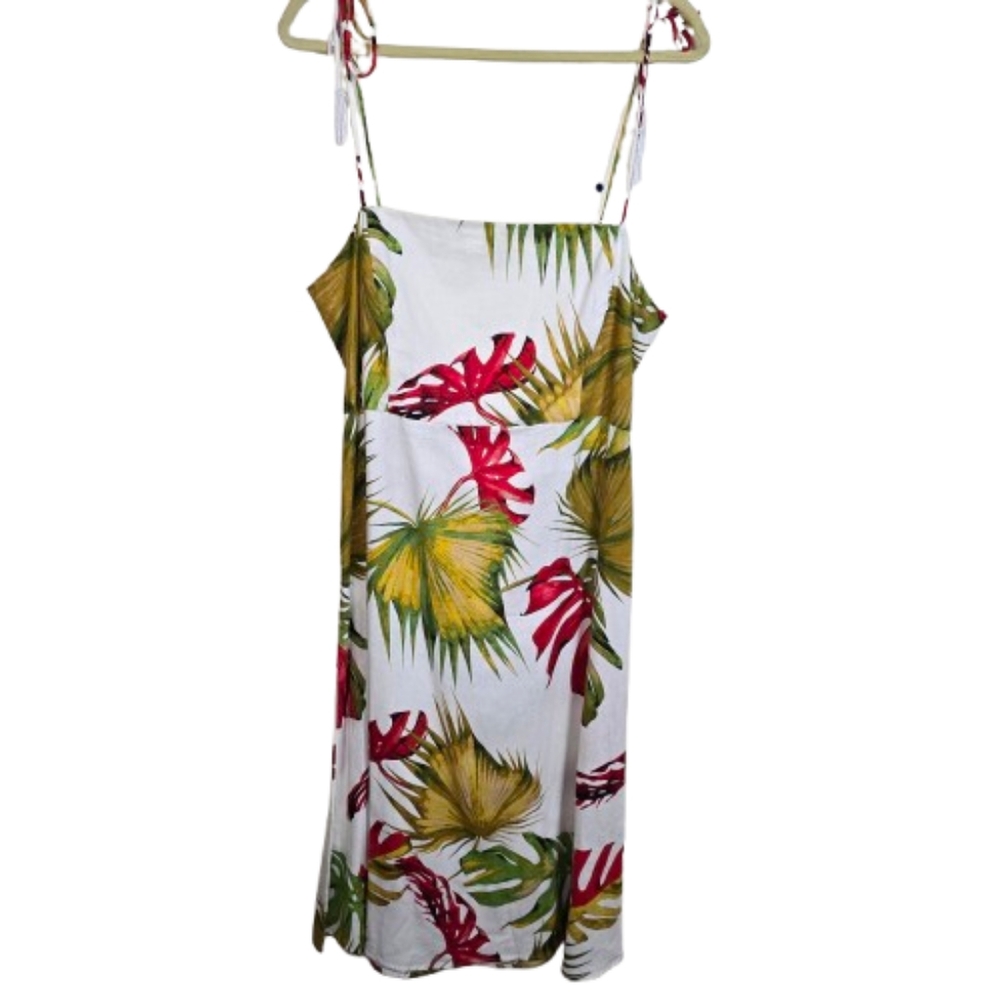House of Harlow Linen Blend Tropical Print Spaghetti Beaded Strap Dress Large